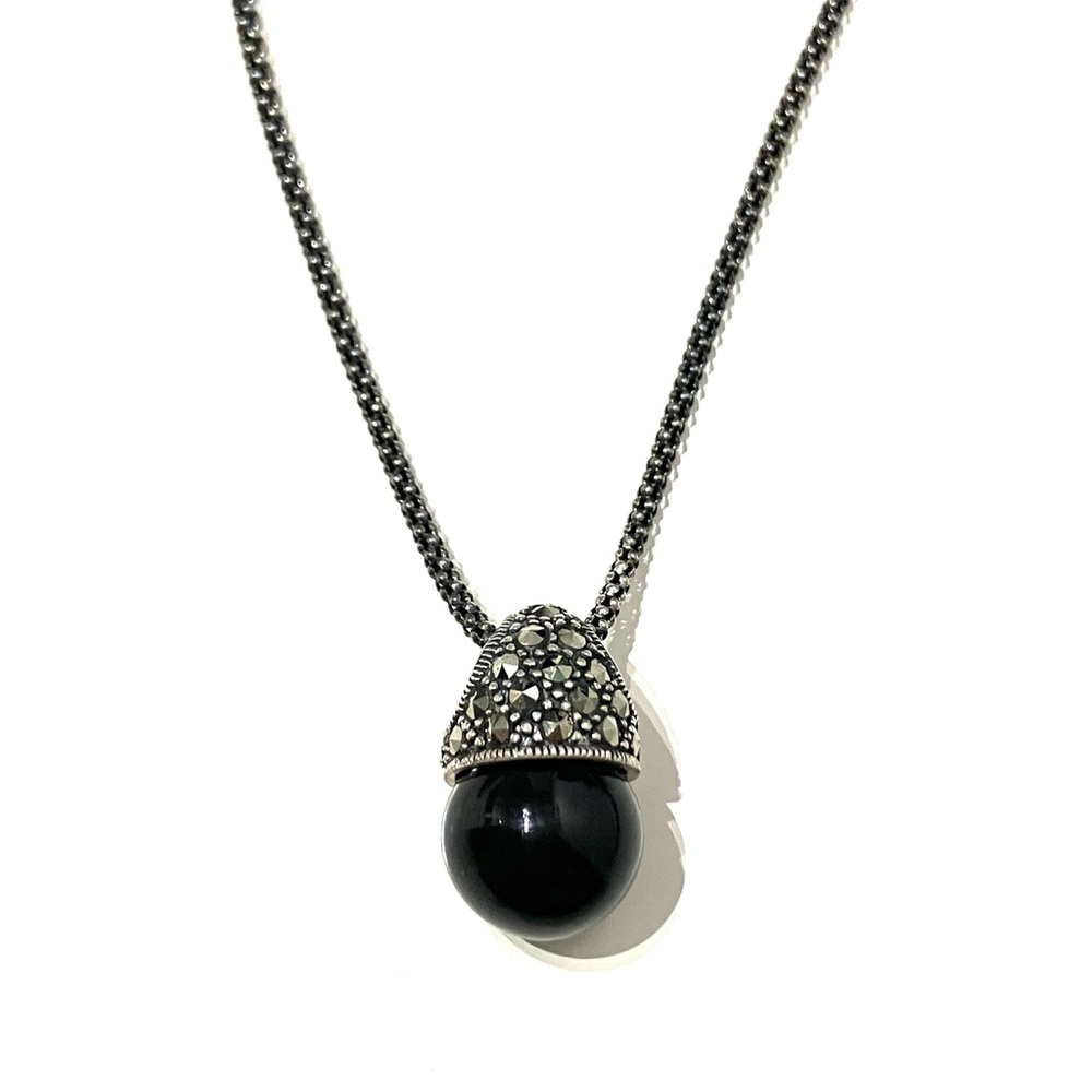 Sterling Silver Onyx Marcasite Pendant Necklace